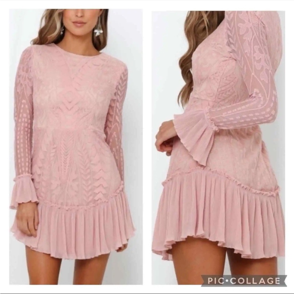 Saints + Secrets Blush Pink Lace Overlay Ruffle Accordion Pleating Mini Dress